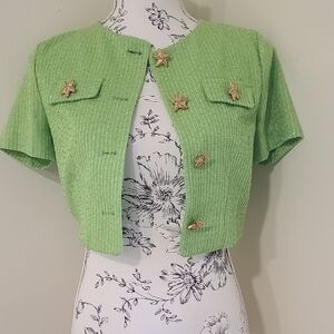 Green Cropped Jacket with Star Buttons